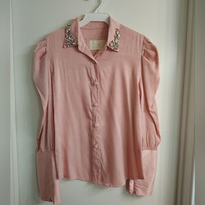 Pink Embellished Puff Sleeve Button Down Shirt